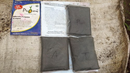 Promi, aktivator untuk mempercepat pengomposan pelepah sawti. Info Promi: https://isroi.com/promi/